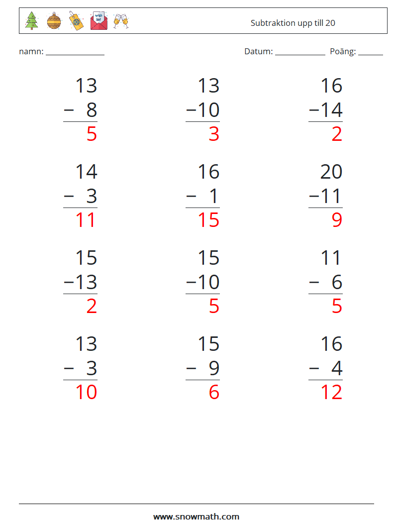 (12) Subtraktion upp till 20 Matematiska arbetsblad 3 Fråga, svar