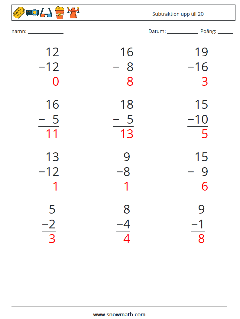 (12) Subtraktion upp till 20 Matematiska arbetsblad 4 Fråga, svar