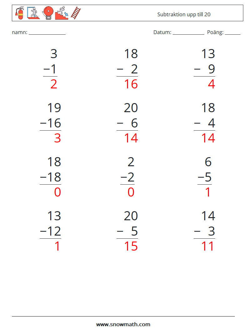 (12) Subtraktion upp till 20 Matematiska arbetsblad 5 Fråga, svar