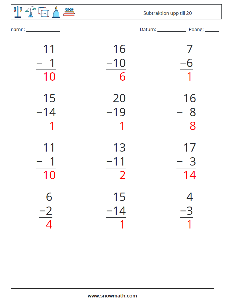 (12) Subtraktion upp till 20 Matematiska arbetsblad 6 Fråga, svar