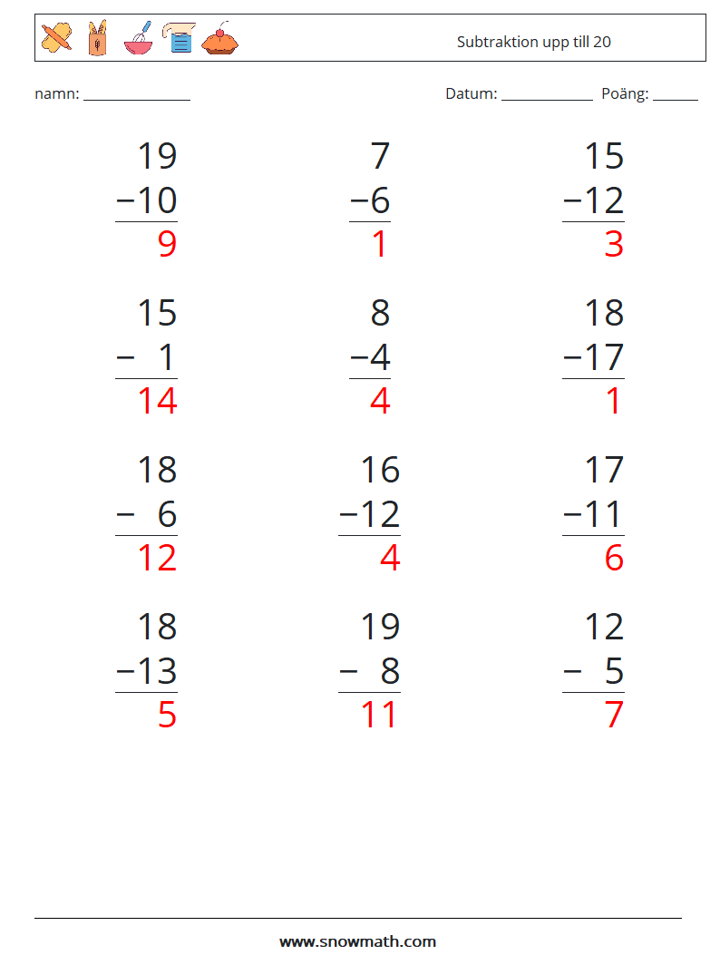 (12) Subtraktion upp till 20 Matematiska arbetsblad 7 Fråga, svar