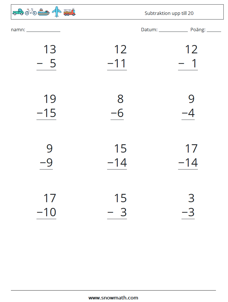 (12) Subtraktion upp till 20 Matematiska arbetsblad 8