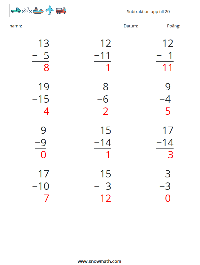 (12) Subtraktion upp till 20 Matematiska arbetsblad 8 Fråga, svar