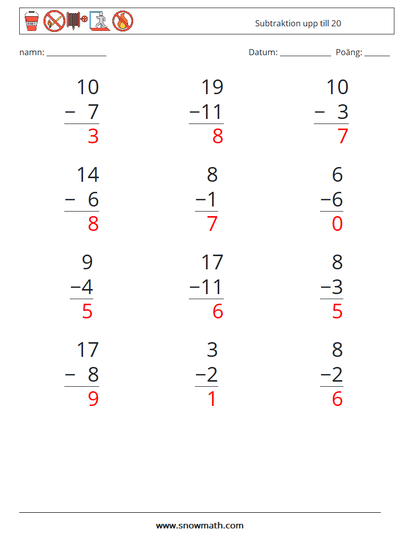 (12) Subtraktion upp till 20 Matematiska arbetsblad 9 Fråga, svar