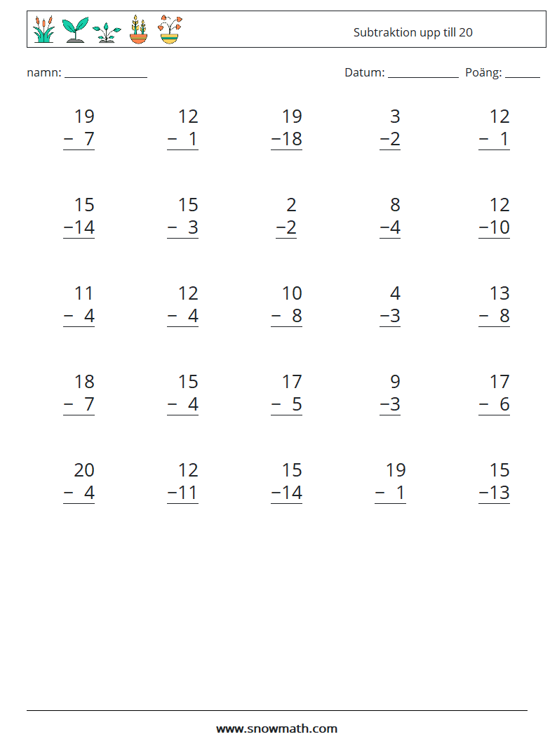 (25) Subtraktion upp till 20 Matematiska arbetsblad 1