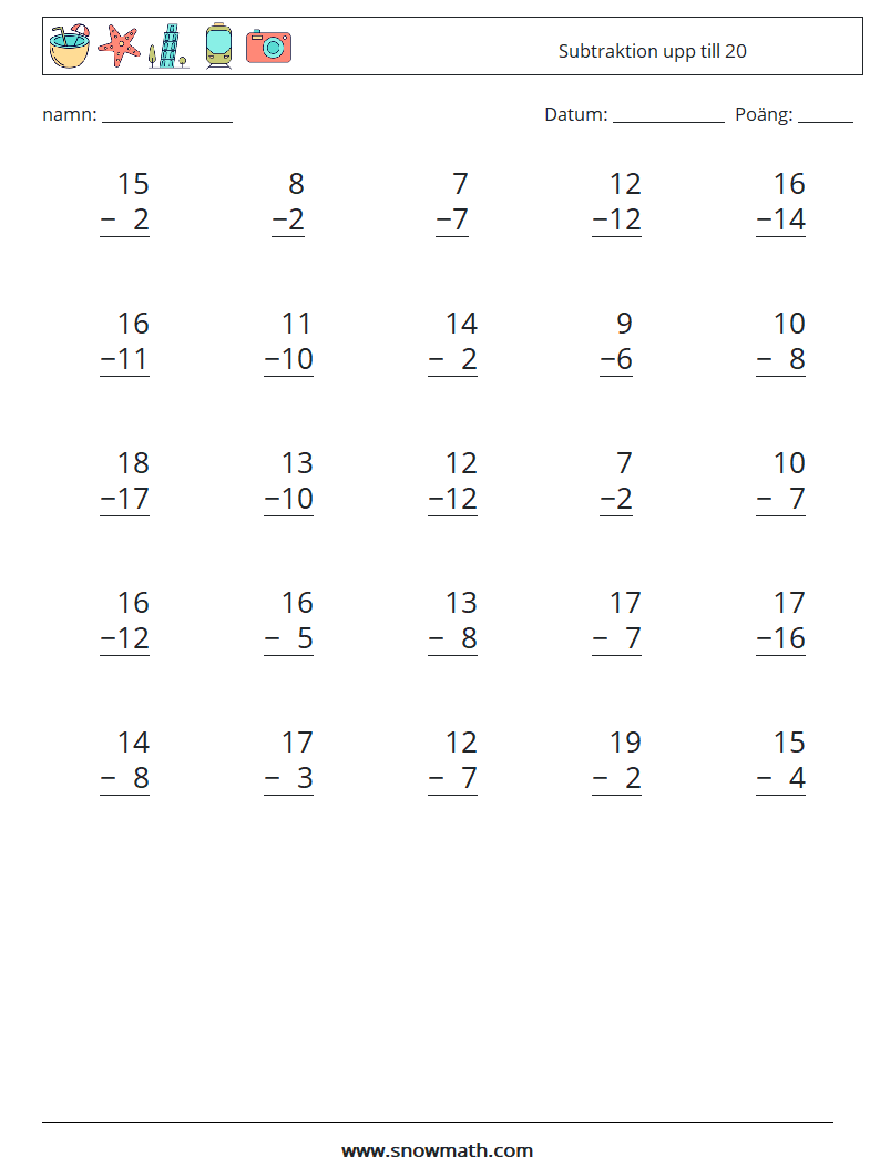 (25) Subtraktion upp till 20 Matematiska arbetsblad 10