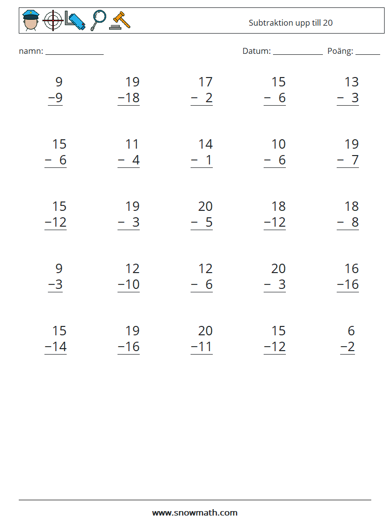 (25) Subtraktion upp till 20 Matematiska arbetsblad 11