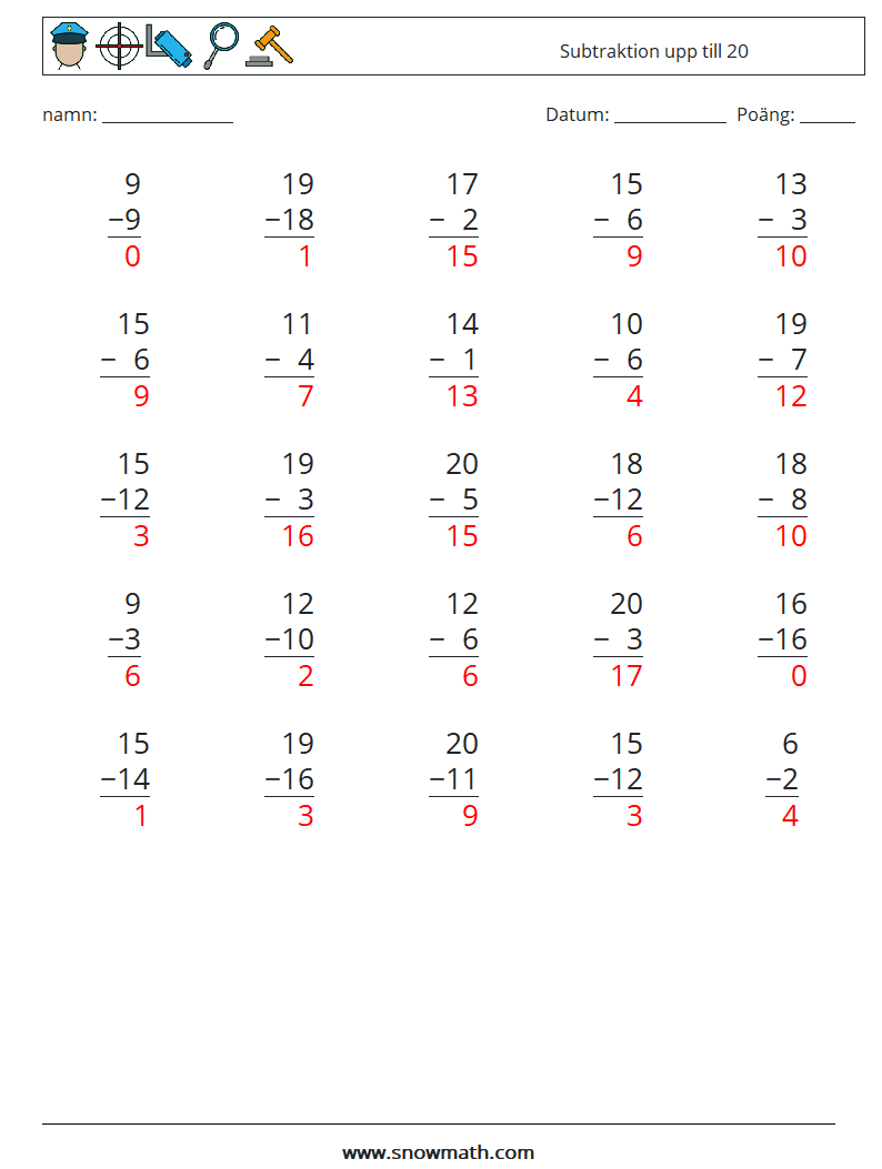 (25) Subtraktion upp till 20 Matematiska arbetsblad 11 Fråga, svar