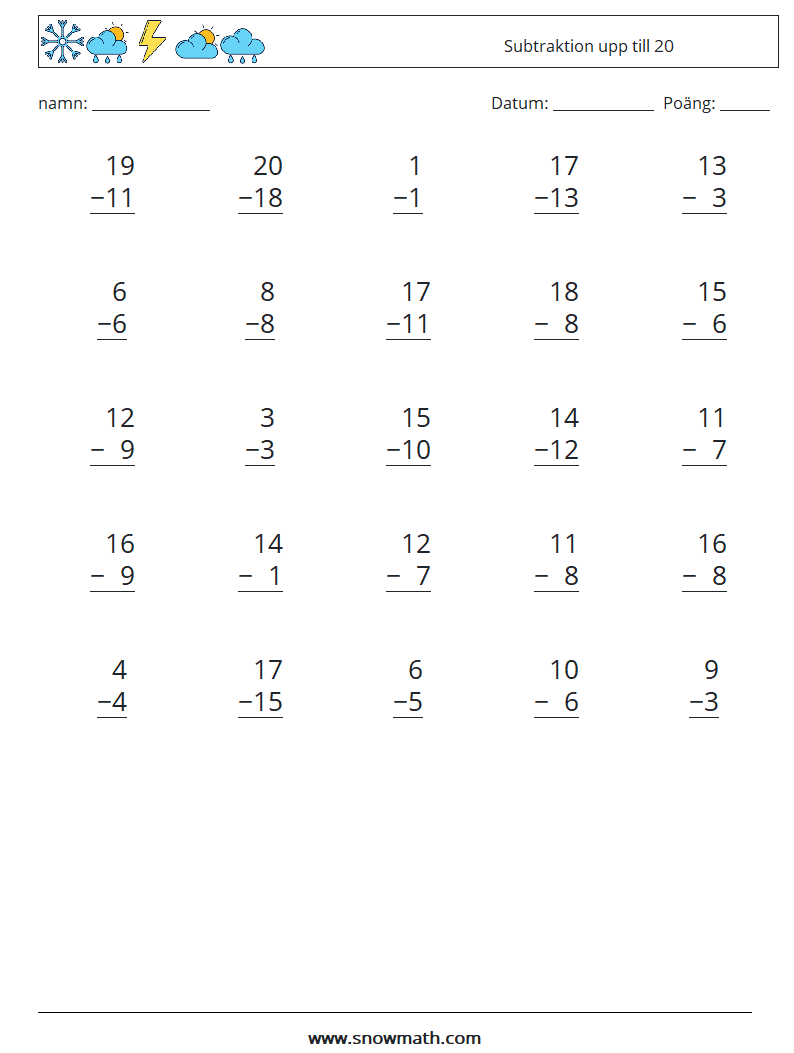 (25) Subtraktion upp till 20 Matematiska arbetsblad 12