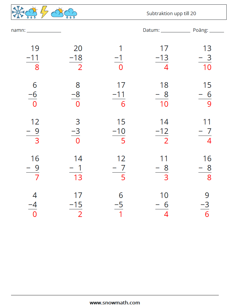 (25) Subtraktion upp till 20 Matematiska arbetsblad 12 Fråga, svar