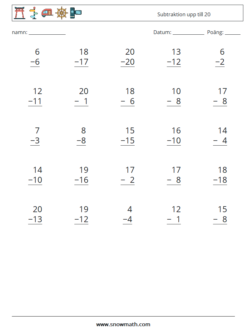 (25) Subtraktion upp till 20 Matematiska arbetsblad 13