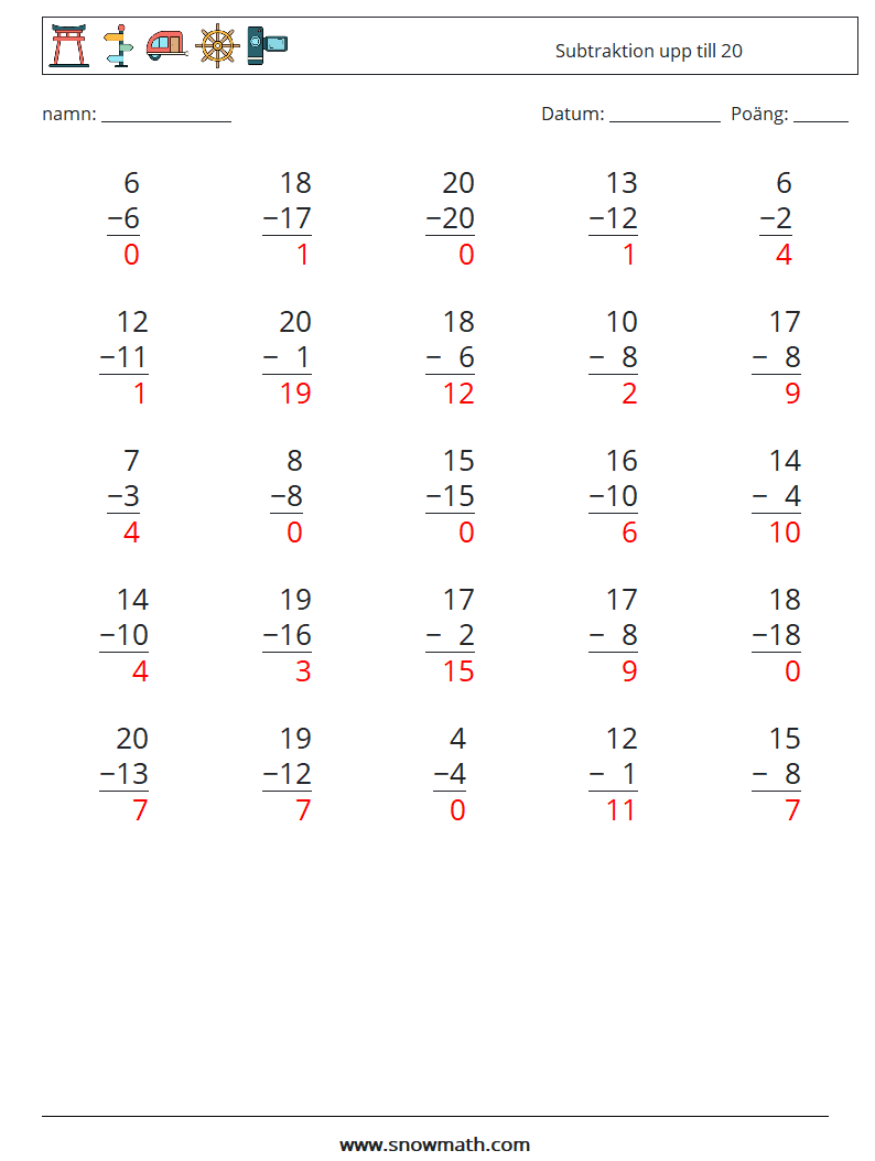 (25) Subtraktion upp till 20 Matematiska arbetsblad 13 Fråga, svar