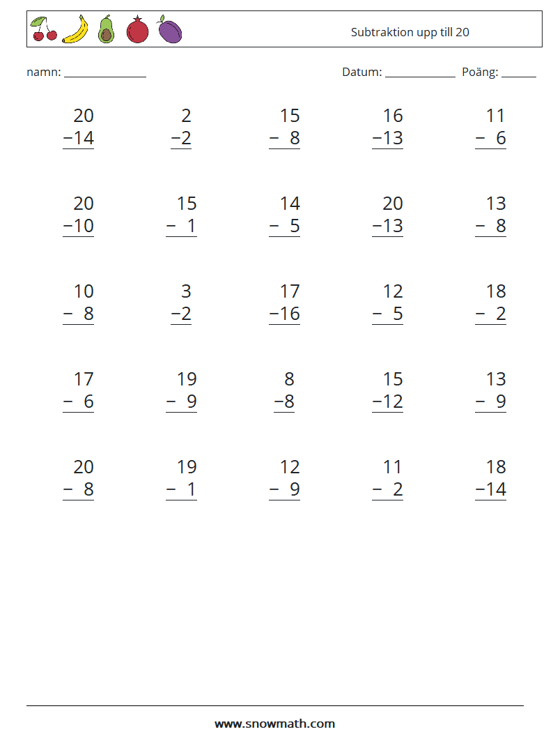 (25) Subtraktion upp till 20 Matematiska arbetsblad 14