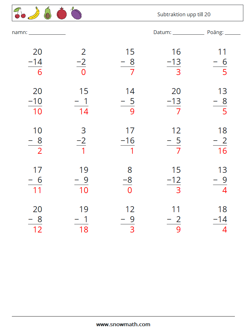 (25) Subtraktion upp till 20 Matematiska arbetsblad 14 Fråga, svar