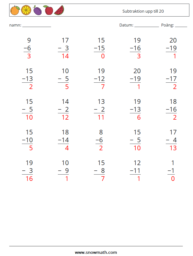 (25) Subtraktion upp till 20 Matematiska arbetsblad 15 Fråga, svar