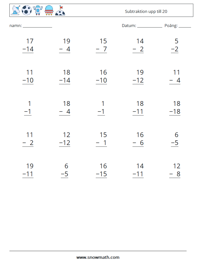 (25) Subtraktion upp till 20 Matematiska arbetsblad 16