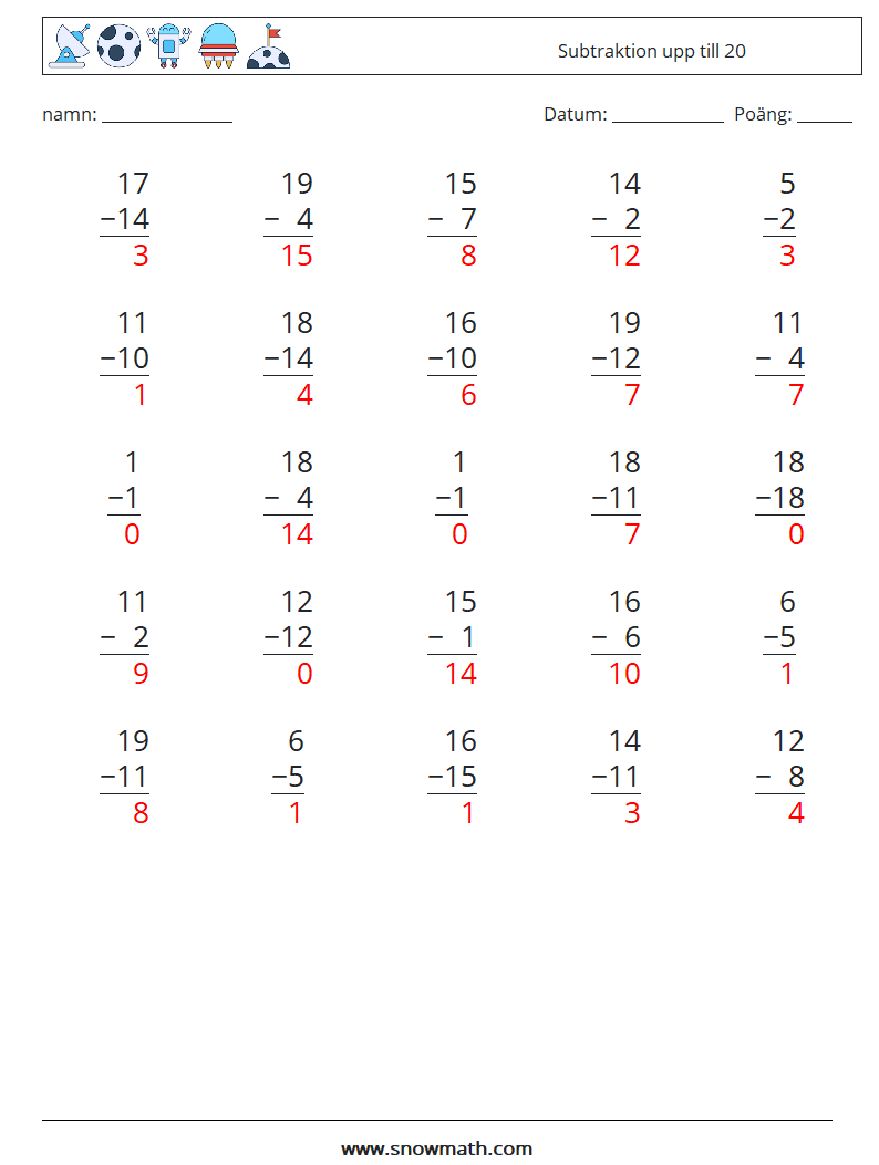 (25) Subtraktion upp till 20 Matematiska arbetsblad 16 Fråga, svar