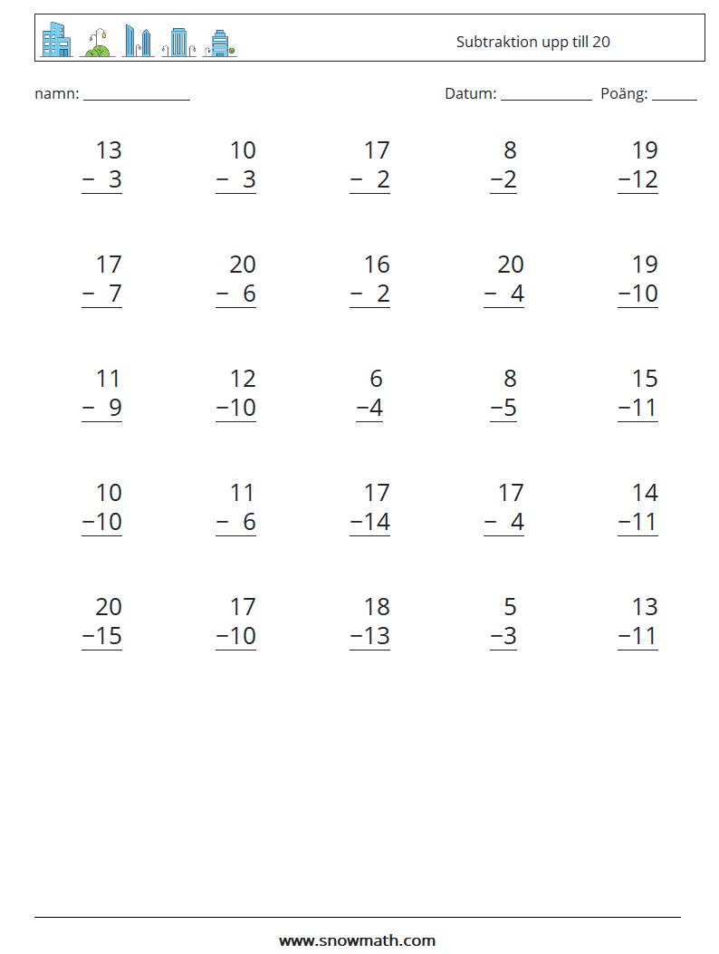 (25) Subtraktion upp till 20 Matematiska arbetsblad 17