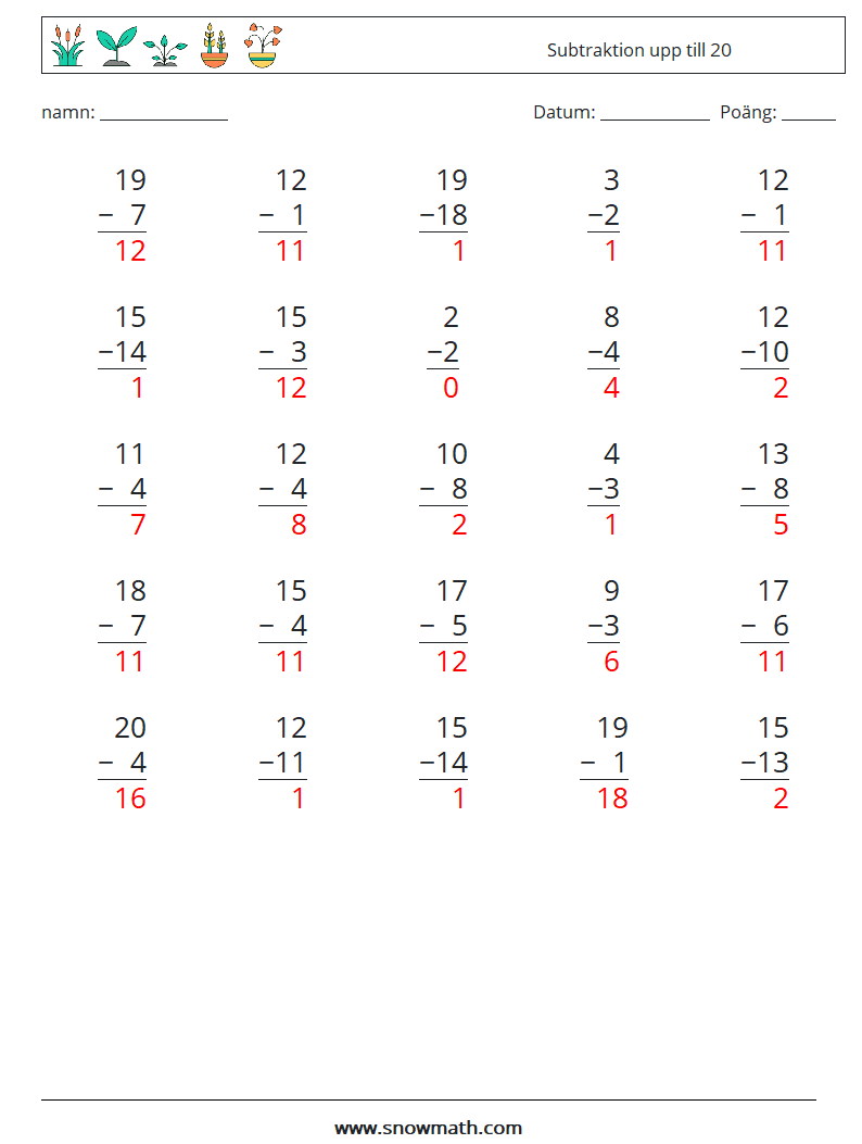 (25) Subtraktion upp till 20 Matematiska arbetsblad 1 Fråga, svar