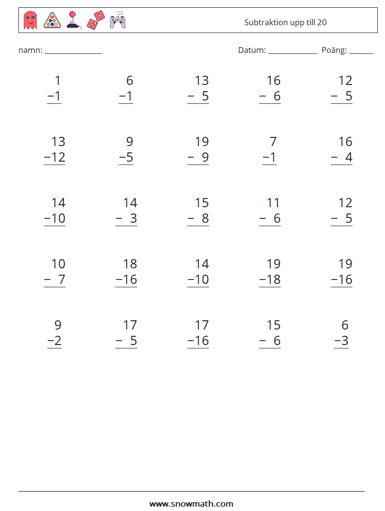 (25) Subtraktion upp till 20 Matematiska arbetsblad 2