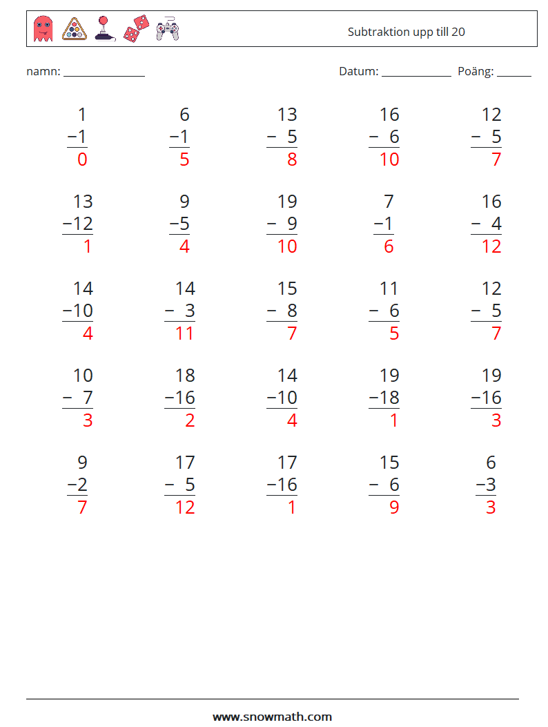 (25) Subtraktion upp till 20 Matematiska arbetsblad 2 Fråga, svar