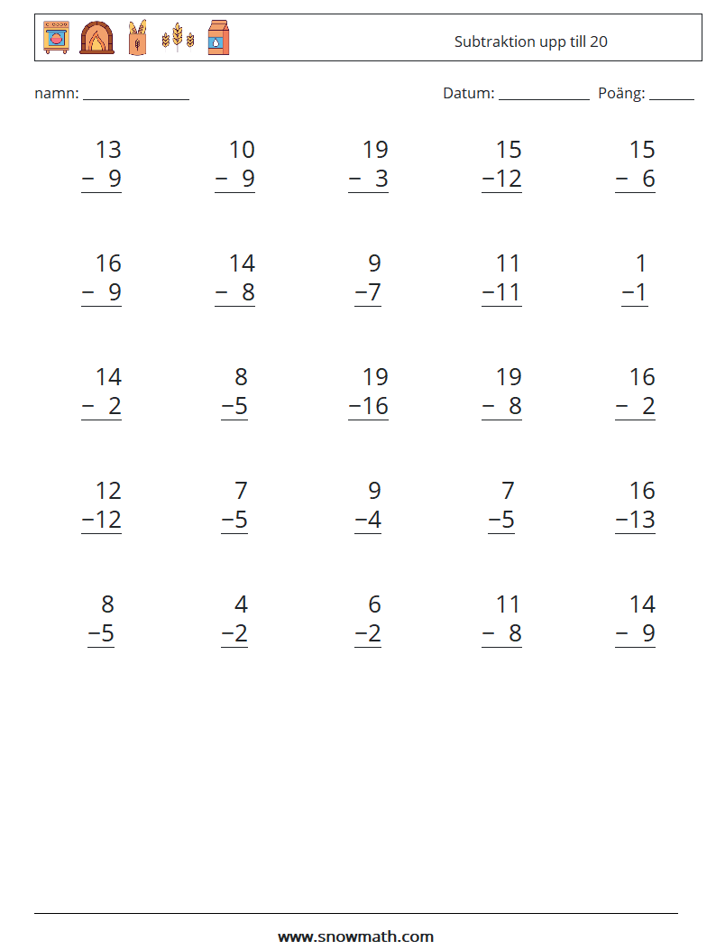 (25) Subtraktion upp till 20 Matematiska arbetsblad 3