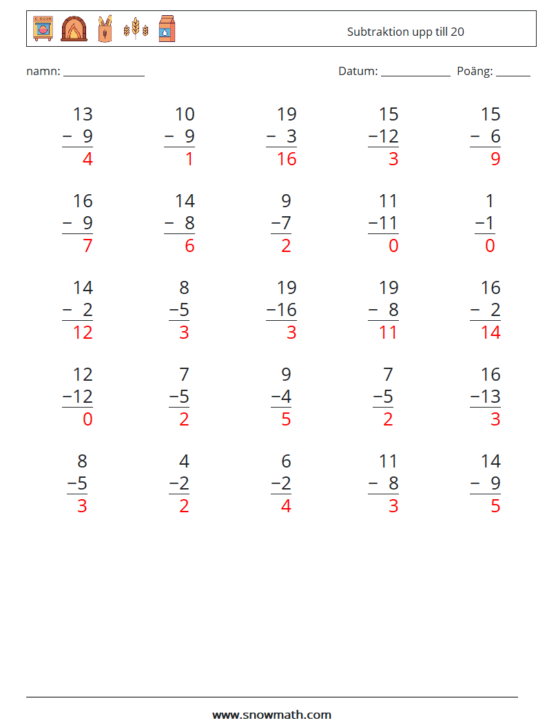 (25) Subtraktion upp till 20 Matematiska arbetsblad 3 Fråga, svar