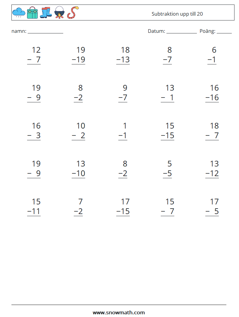 (25) Subtraktion upp till 20 Matematiska arbetsblad 4