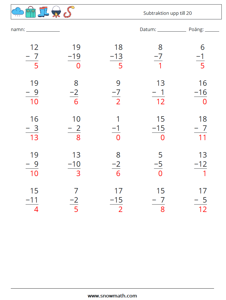 (25) Subtraktion upp till 20 Matematiska arbetsblad 4 Fråga, svar