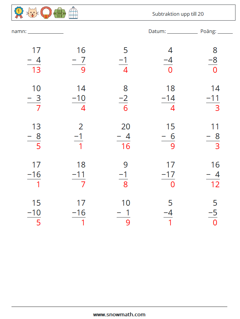 (25) Subtraktion upp till 20 Matematiska arbetsblad 5 Fråga, svar