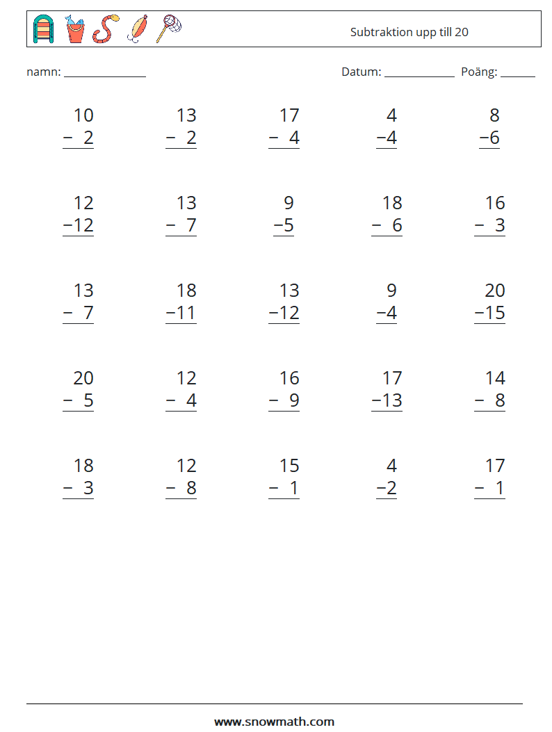 (25) Subtraktion upp till 20 Matematiska arbetsblad 6