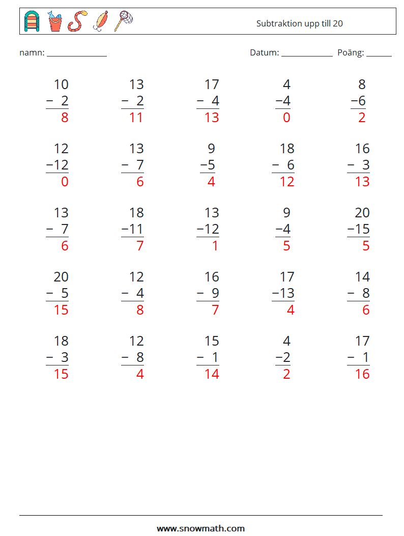 (25) Subtraktion upp till 20 Matematiska arbetsblad 6 Fråga, svar