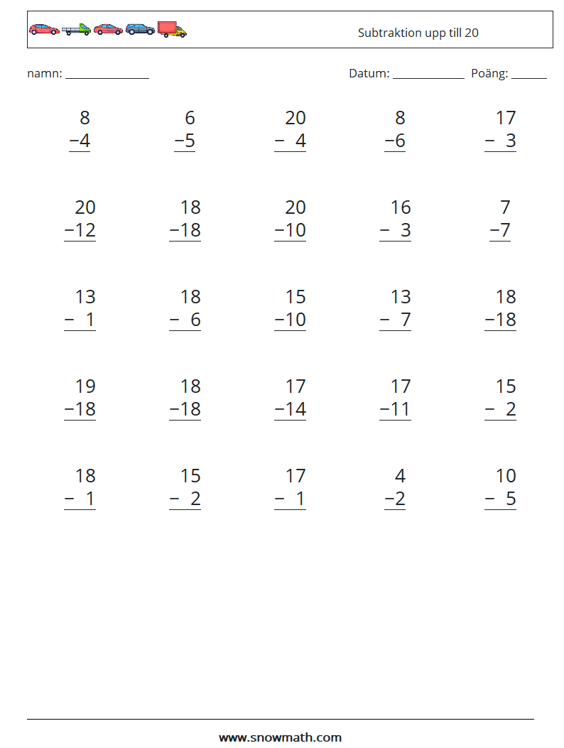 (25) Subtraktion upp till 20 Matematiska arbetsblad 7