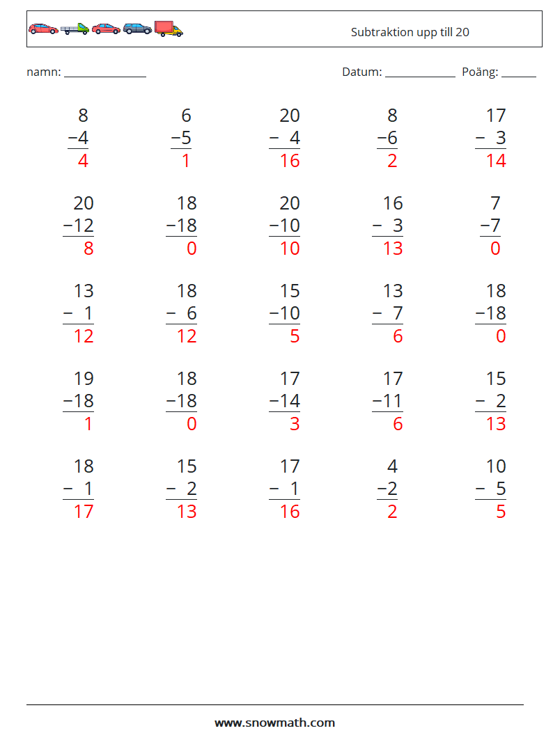 (25) Subtraktion upp till 20 Matematiska arbetsblad 7 Fråga, svar