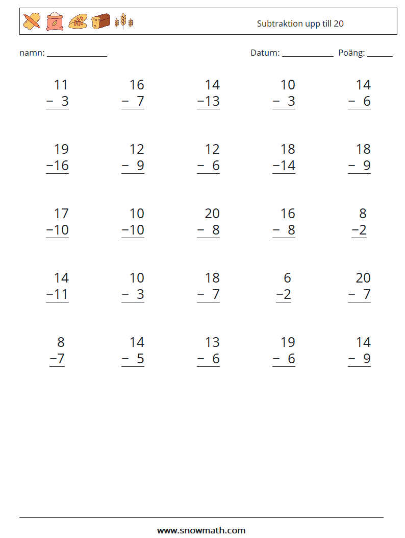 (25) Subtraktion upp till 20 Matematiska arbetsblad 8