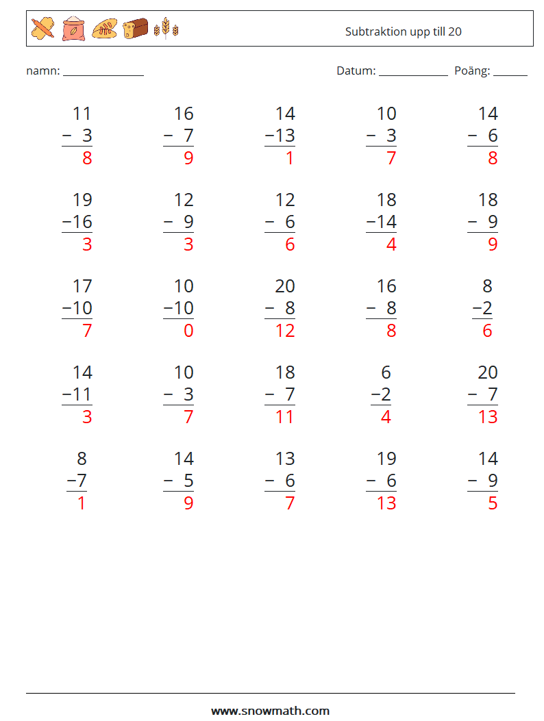 (25) Subtraktion upp till 20 Matematiska arbetsblad 8 Fråga, svar