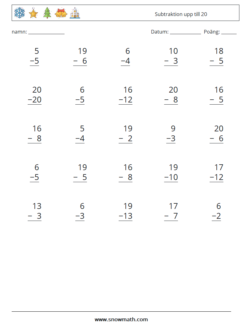 (25) Subtraktion upp till 20 Matematiska arbetsblad 9