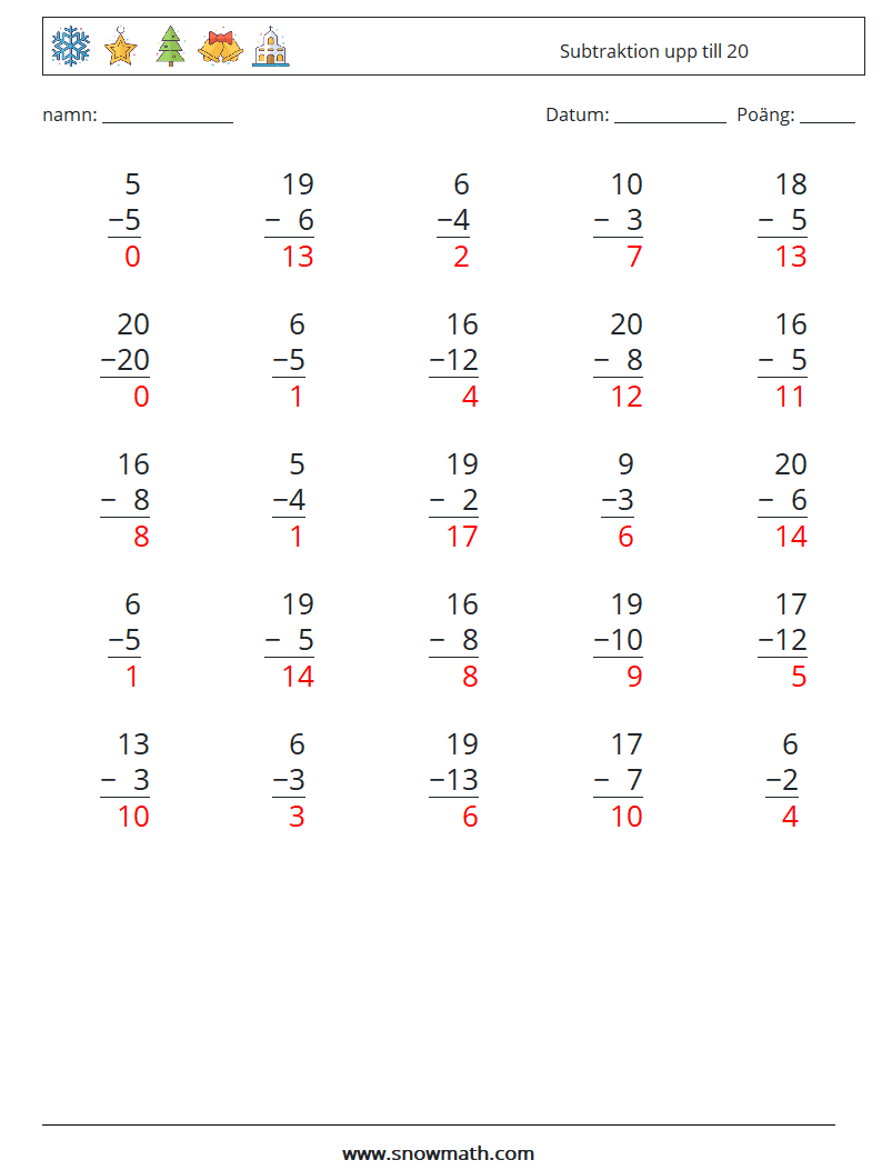 (25) Subtraktion upp till 20 Matematiska arbetsblad 9 Fråga, svar