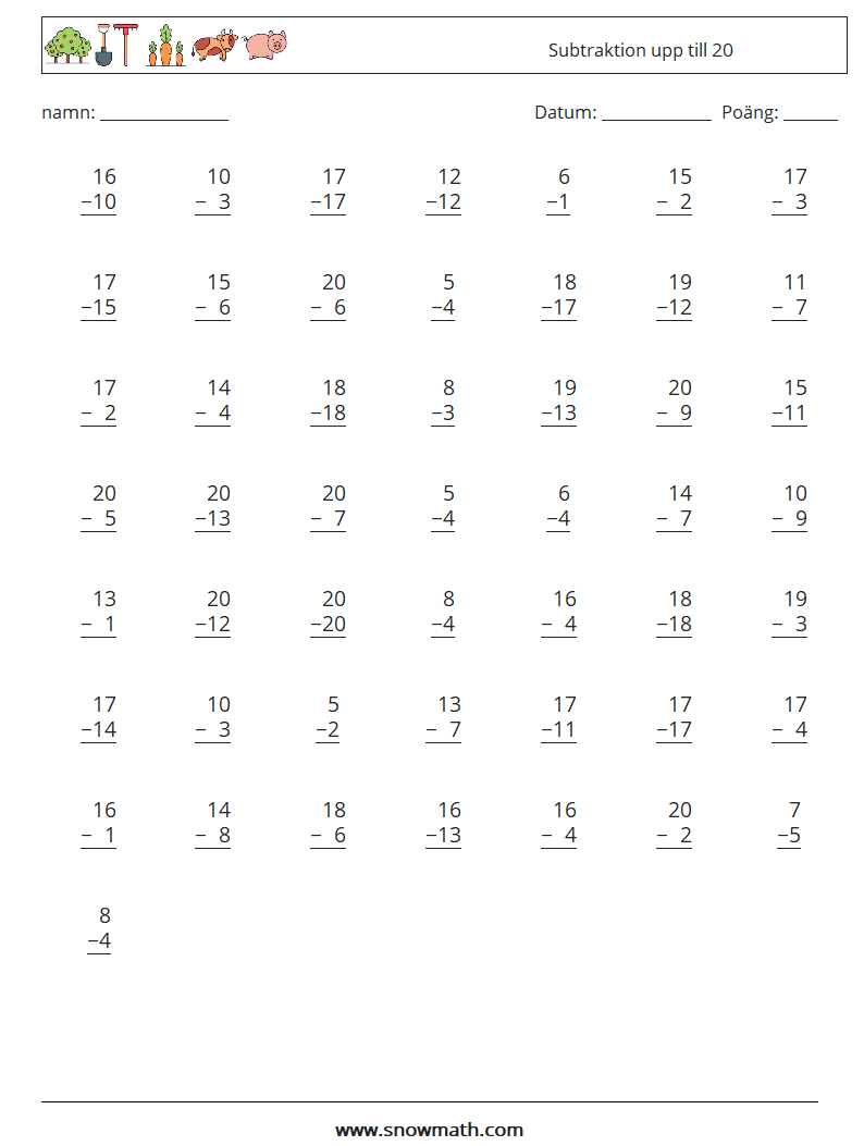 (50) Subtraktion upp till 20 Matematiska arbetsblad 12