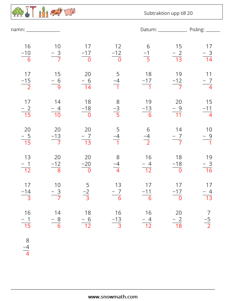 (50) Subtraktion upp till 20 Matematiska arbetsblad 12 Fråga, svar