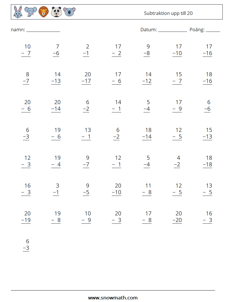 (50) Subtraktion upp till 20 Matematiska arbetsblad 14