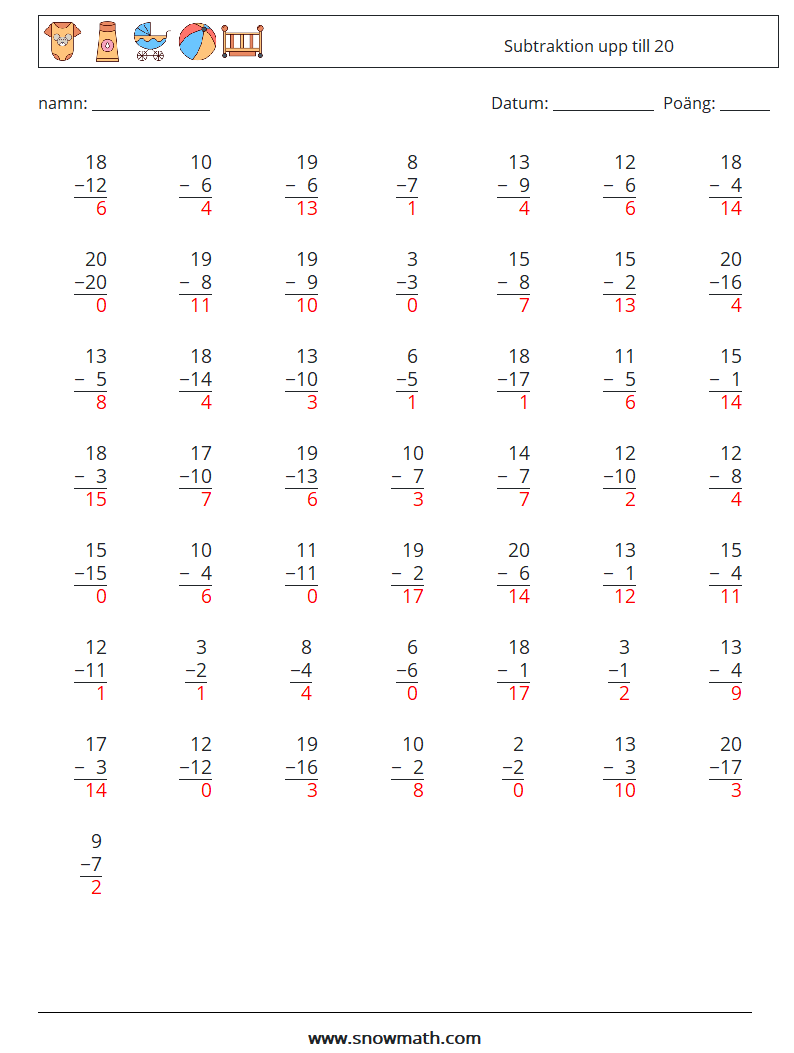 (50) Subtraktion upp till 20 Matematiska arbetsblad 15 Fråga, svar