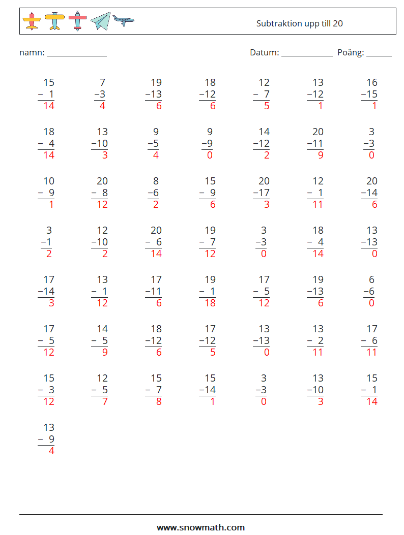 (50) Subtraktion upp till 20 Matematiska arbetsblad 18 Fråga, svar