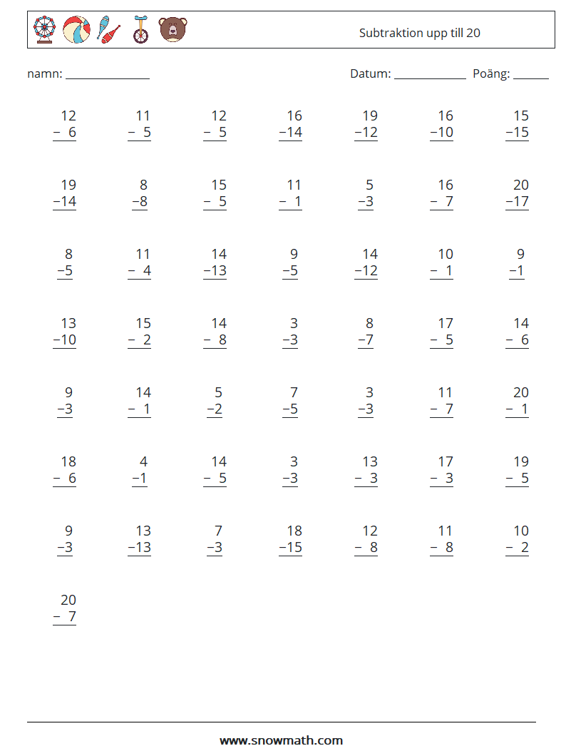 (50) Subtraktion upp till 20 Matematiska arbetsblad 2