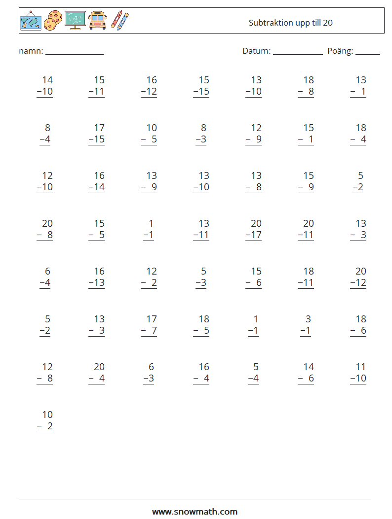 (50) Subtraktion upp till 20 Matematiska arbetsblad 3