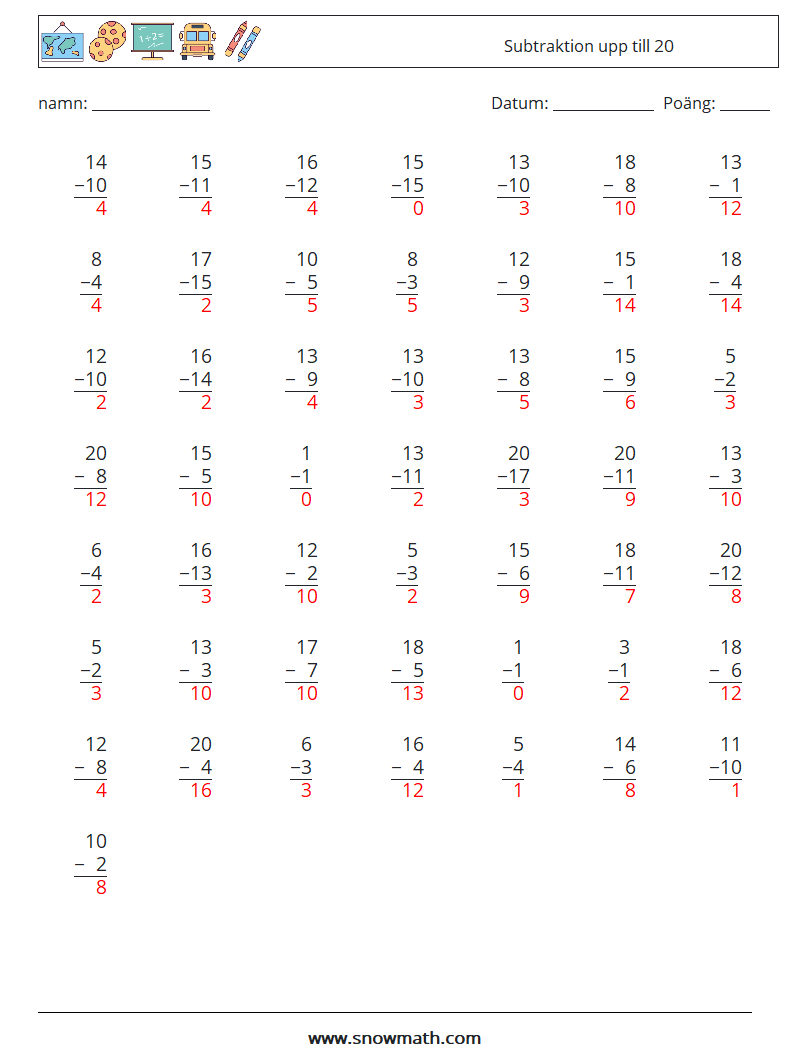 (50) Subtraktion upp till 20 Matematiska arbetsblad 3 Fråga, svar