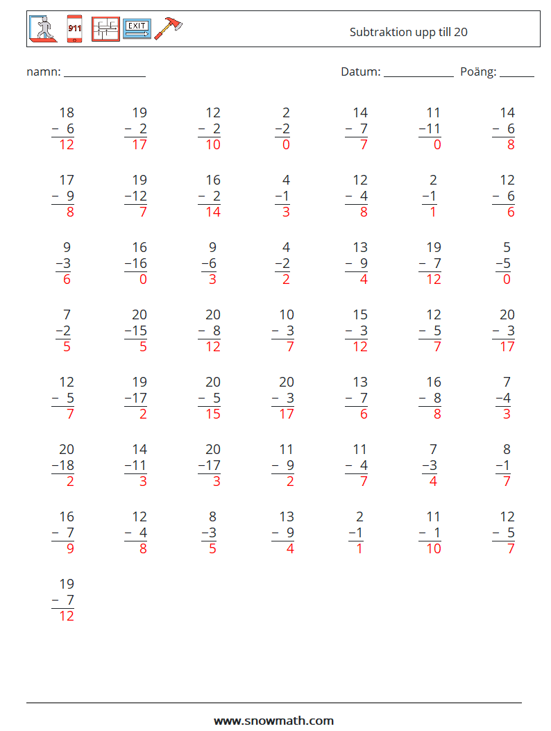 (50) Subtraktion upp till 20 Matematiska arbetsblad 5 Fråga, svar