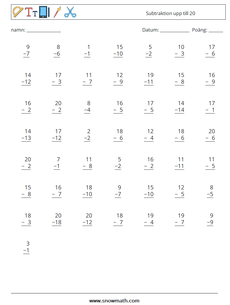 (50) Subtraktion upp till 20 Matematiska arbetsblad 7