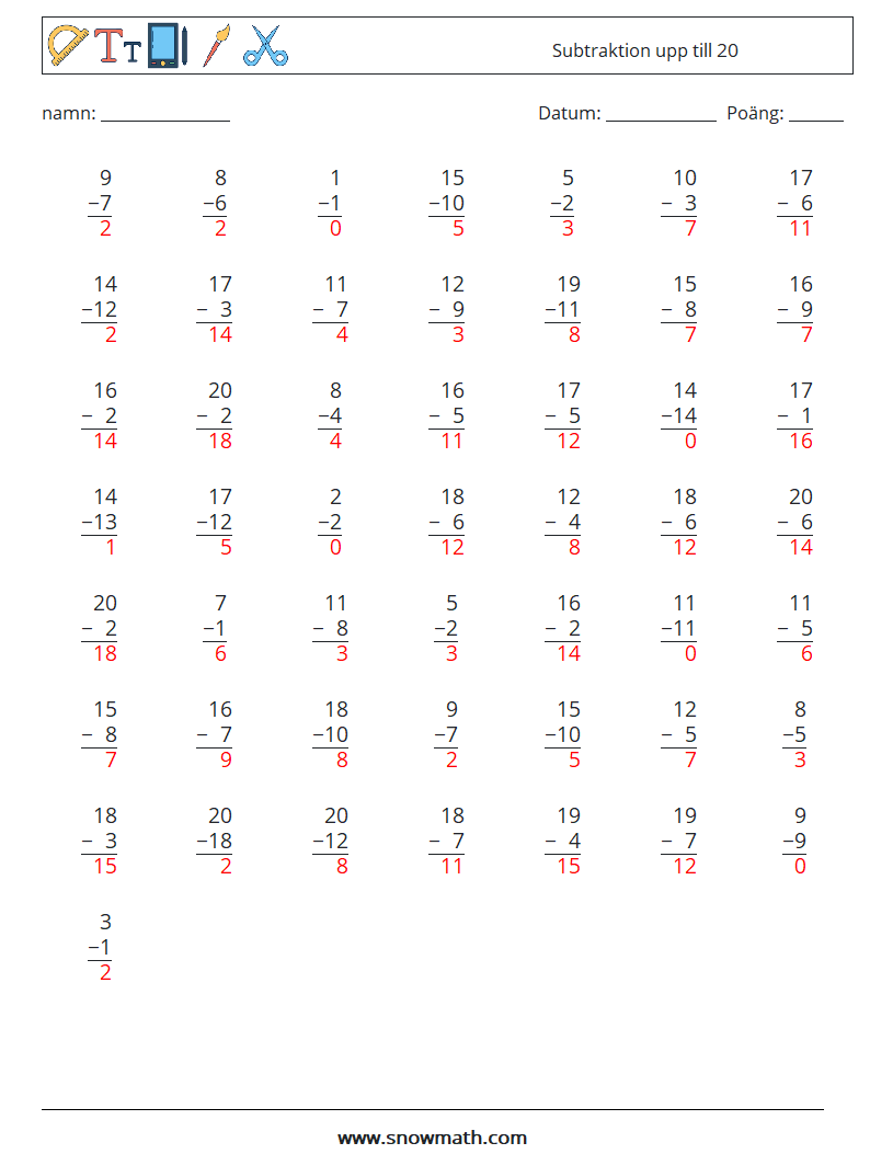 (50) Subtraktion upp till 20 Matematiska arbetsblad 7 Fråga, svar