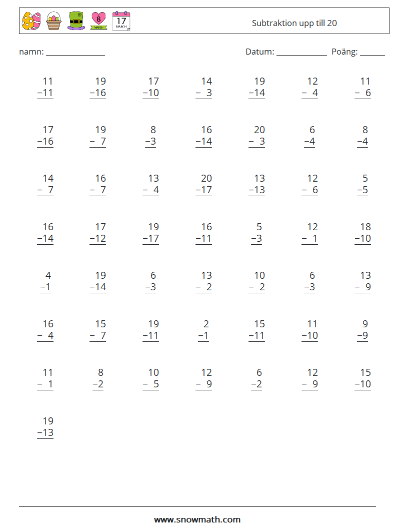 (50) Subtraktion upp till 20 Matematiska arbetsblad 8